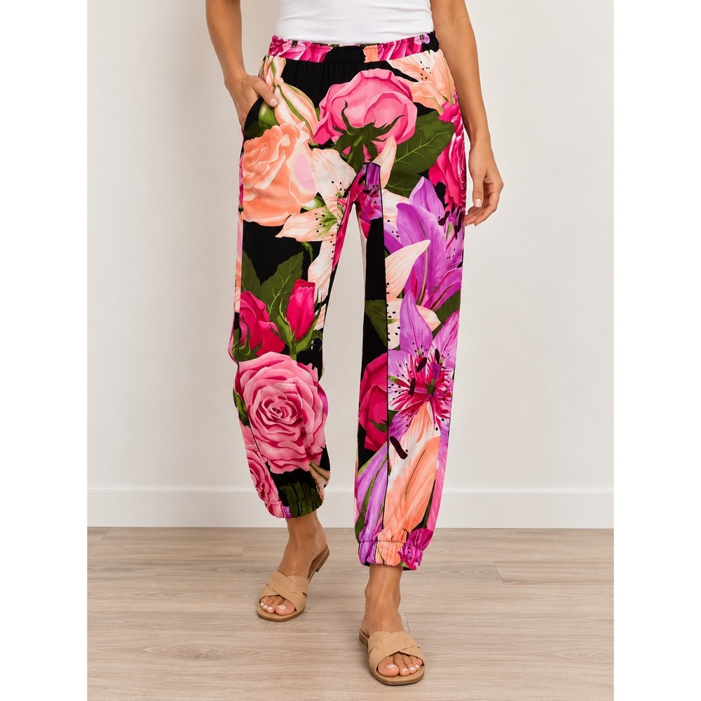 Eva Varro Floral Jogger Pants Pink Rose Lily Print Wearable Abstract Art XS USA